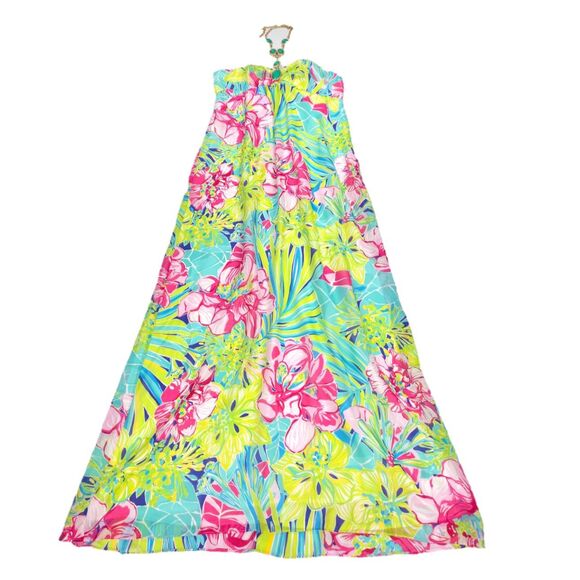NWT Lilly Pulitzer Claudie Halter Maxi Dress Schooner Blue Silk Boho Resort 14 - Picture 2 of 11